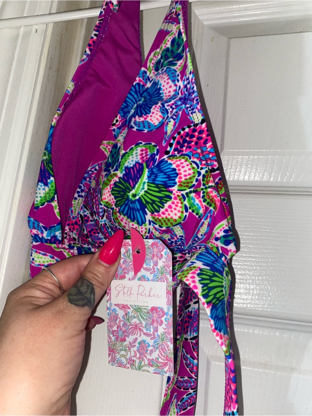 Vibrant Floral Halter Bikini Top - Pink, Blue & Green
